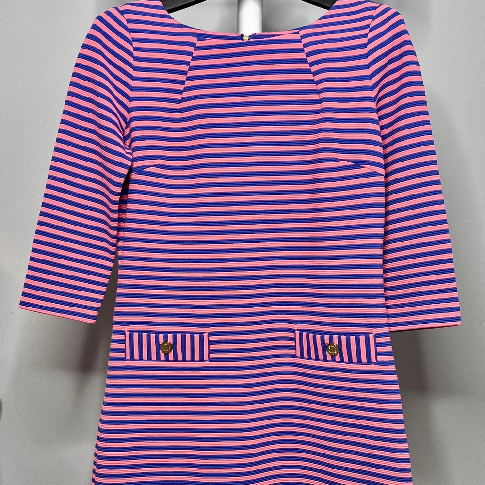 LILLY PULITZER Coral Blue Charlene 3/4 Sleeve Striped Knit Shift Mini Dress M
